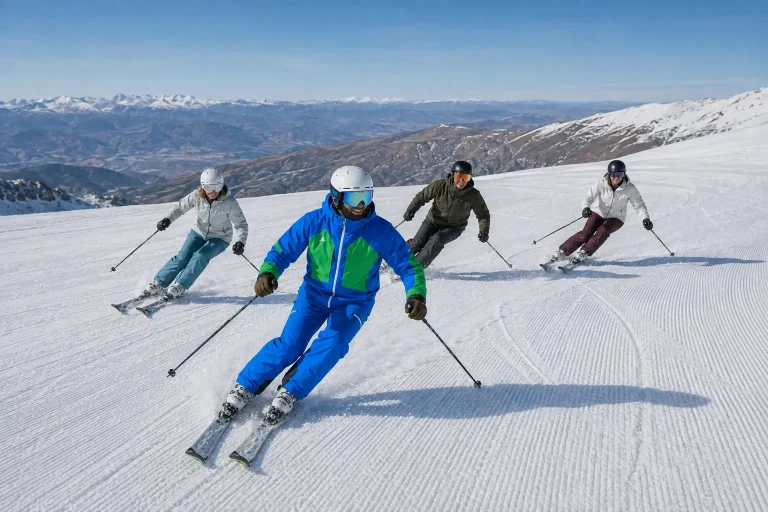 Esquiadores con experiencia junto a un instructor de The New School en Sierra Nevada