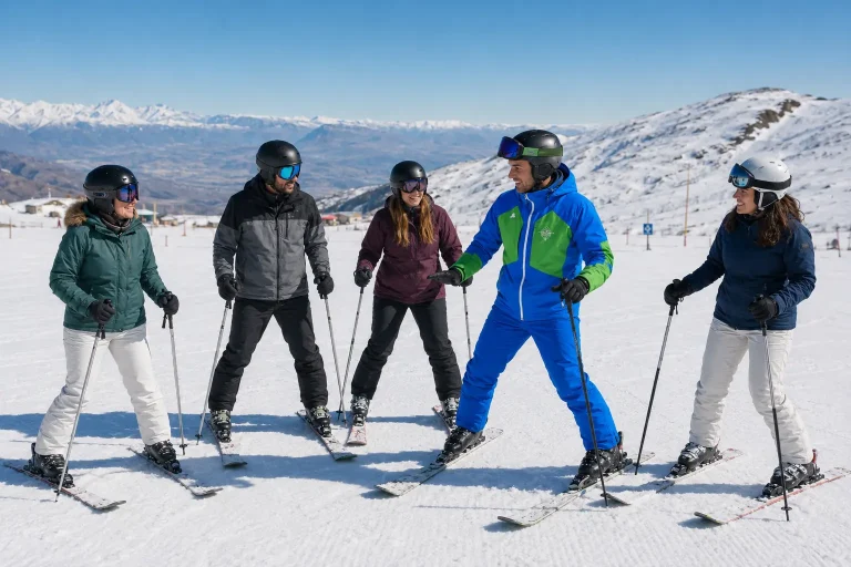Adultos viviendo su primera experiencia de esquí con un instructor de The New School en Sierra Nevada