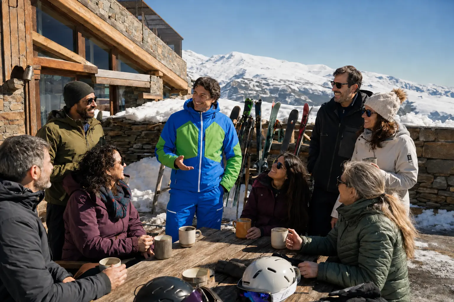 Equipo de empresa compartiendo una pausa durante un Corporate Ski Retreat en Sierra Nevada