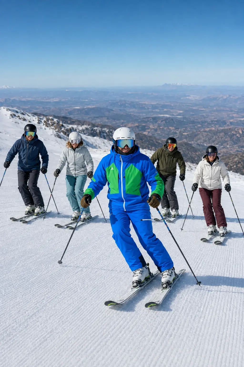 Equipo de empresa esquiando con The New School durante un Corporate Ski Day en Sierra Nevada