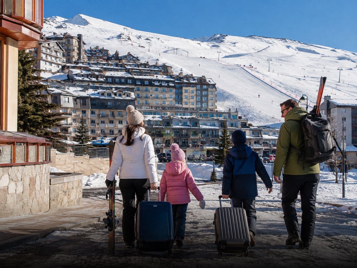 Familia llegando a su alojamiento en Sierra Nevada