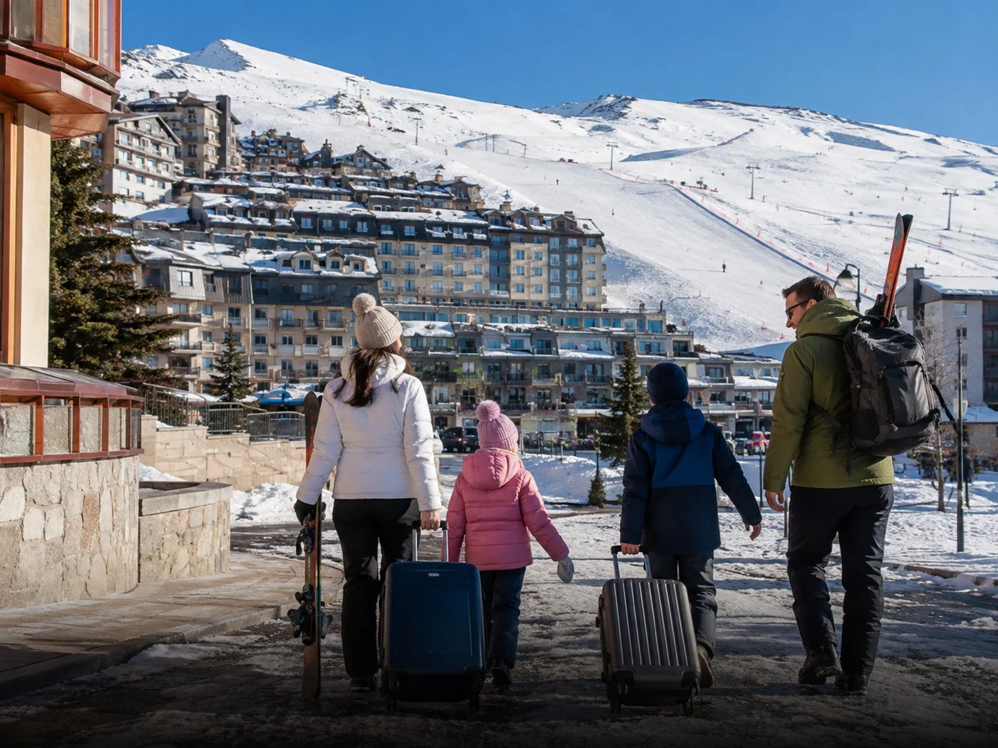 Familia llegando a su alojamiento en Sierra Nevada